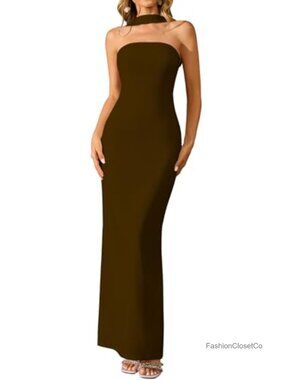 Elegant Formal Bodycon Maxi Dress, Halter Neck Backless Sleeveless Fall Cocktail